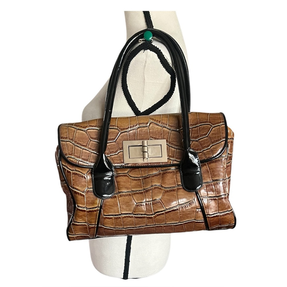 White House Black Market Croco Effect Satchel with Black patent leather Trim